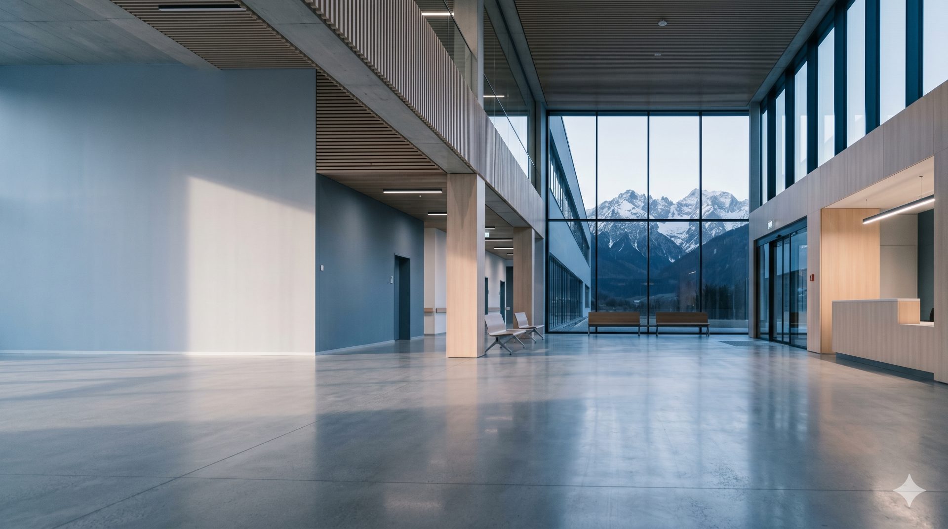 Lichtdurchflutete Eingangshalle der tirol kliniken mit Blick auf die verschneiten Berge